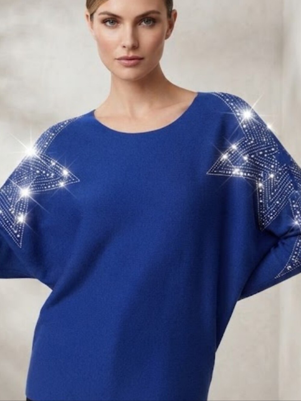 Blue Rhinestone Star Batwing Knit Sweater Top Size L / 14-16